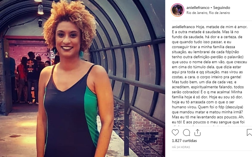 Anielle Franco publicou mensagem emocionada sobre morte da irmã, a vereadora Marielle Franco — Foto: Reprodução / rede social