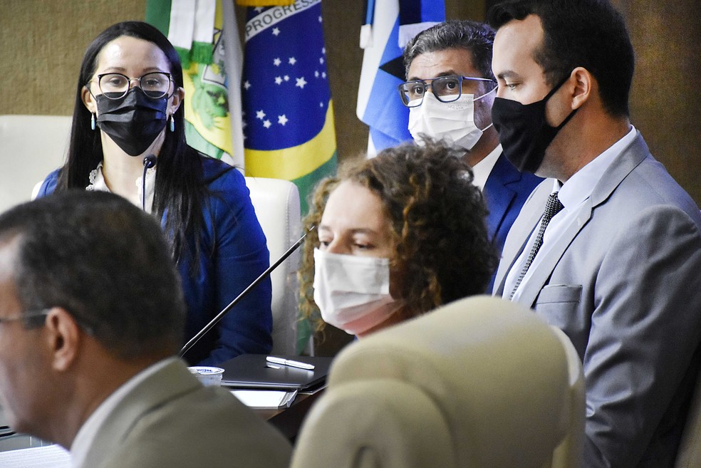 Ex-secret&aacute;ria-adjunta da Sa&uacute;de no RN, Maura Sobreira, em depoimento na ALRN &mdash; Foto: Eduardo Maia/ALRN