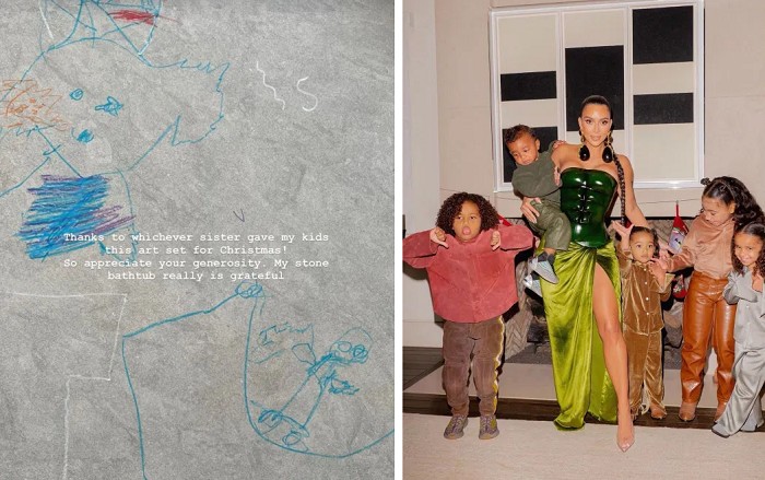 Filhos de Kim desenham em banheira de luxo  (Foto: Reprodução: Instagram )