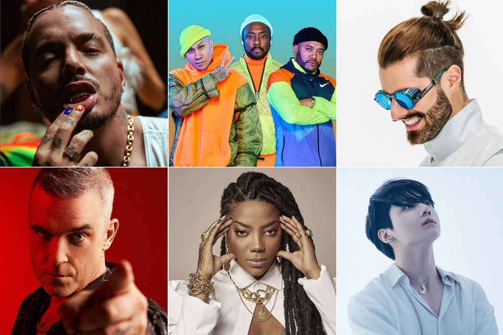 Artistas que cantam no Catar durante a Copa. Acima: J Balvin, Black Eyed Peas e Alok. Abaixo: Robbie Williams, Ludmilla e Jungkook. — Foto: Divulgação