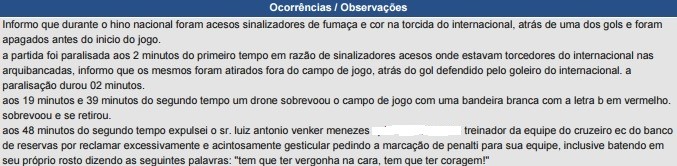 Árbitro registra sinalizadores e drone na súmula após vitória do Inter