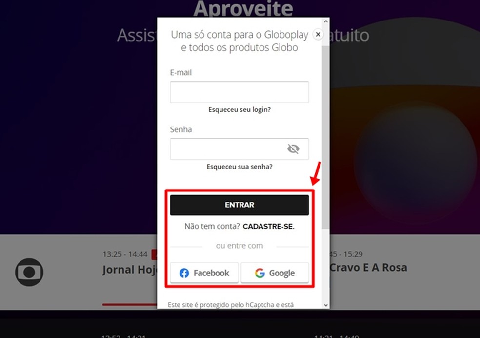 É preciso fazer login na Conta Globo usando e-mail e senha já cadastrados ou dados de contas Facebook ou Google para assistir à entrevista de hoje no Jornal Nacional — Foto: Reprodução/Gabriela Andrade