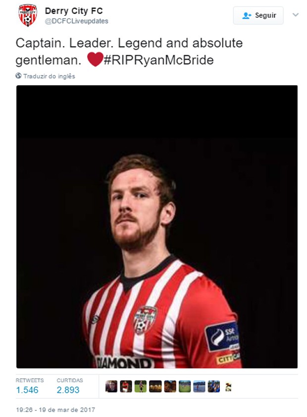 Time Derry City lamenta morte de seu jogador Ryan McBride (Foto: Reprodução)