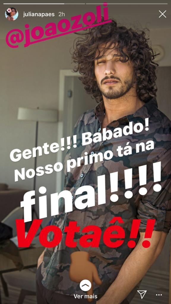 Juliana Paes pede votos para João Zoli (Foto: Reprodução/Instagram)