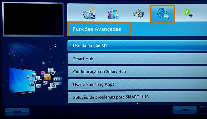 As funções avançadas do e-Manual tem informações sobre recursos 3D e Smart Hub (Foto: Reprodução/Barbara Mannara)