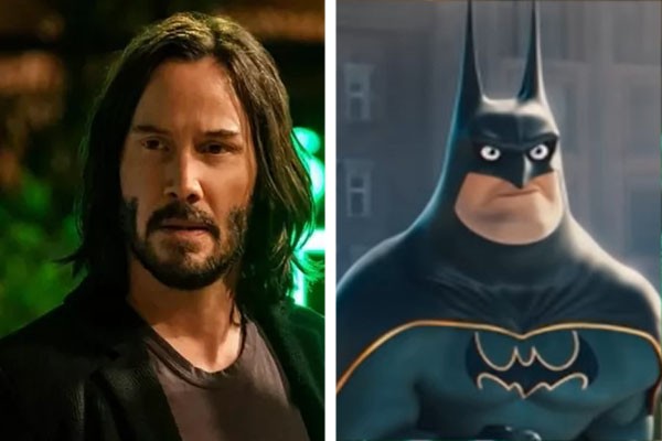 Keanu Reeves em Matrix: Resurrections (2021) (à esquerda); ator interpreta o Batman em DC Liga dos Super Pets (2022) (Foto: Divulgação; Reprodução)