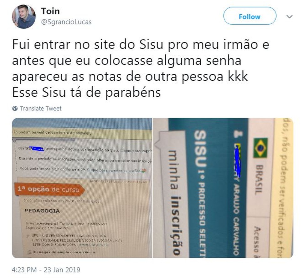 Post mostra falha do Sisu. — Foto: Reprodução/Twitter