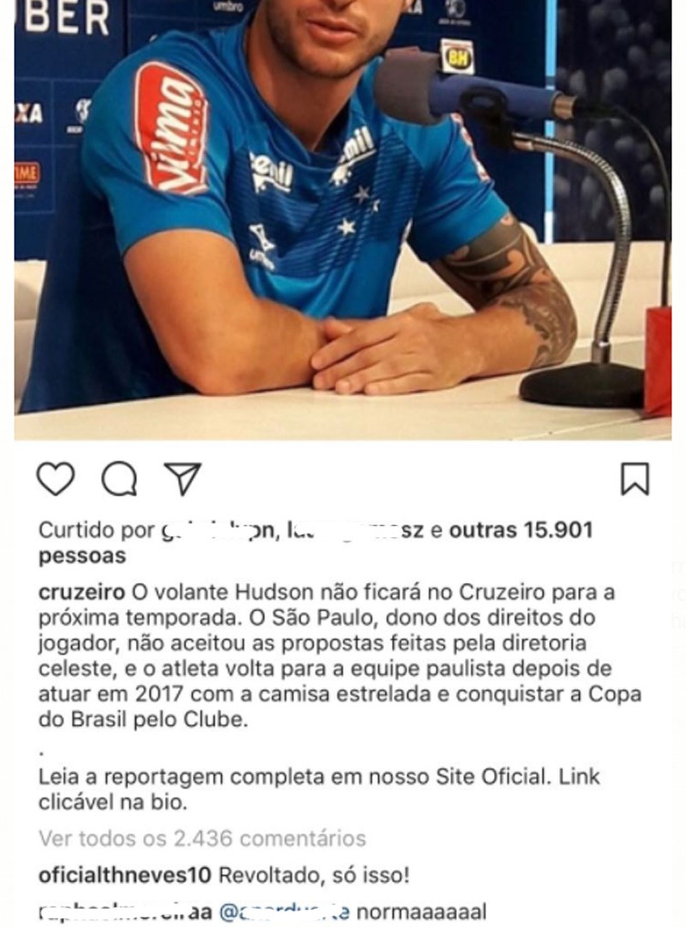 Revoltado: Thiago Neves protesta sobre saída de Hudson; Dedé também desabafa