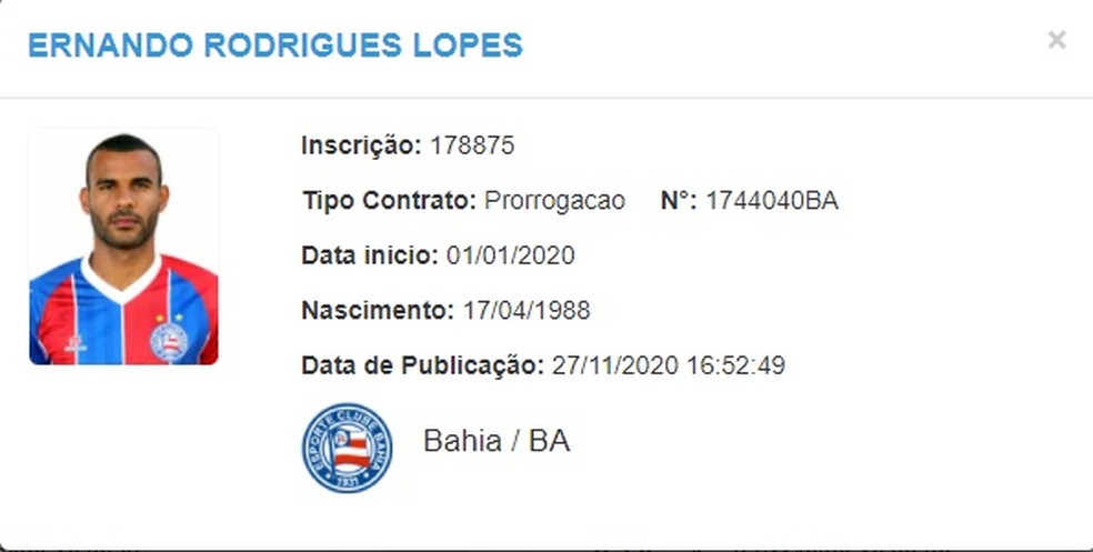 Ernando prorroga contrato com o Bahia — Foto: Reprodução / CBF