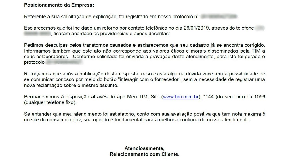 Empresa Tim enviou carta com pedido de desculpas à cliente após xingamentos — Foto: Arquivo pessoal/Bruno Ribeiro Carvalho