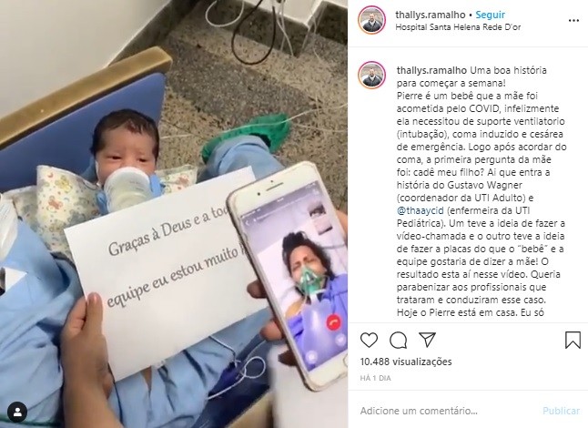 Videochamada com bebê tranquiliza mãe que se recuperava da Covid-19 após cesárea de emergência (Foto: Reprodução/Instagram/Thallys Ramalho)