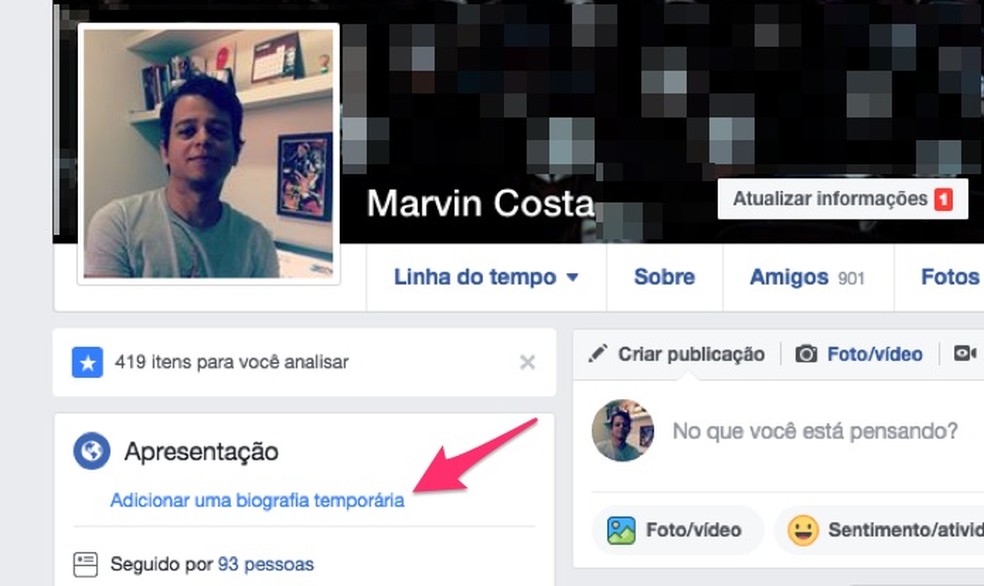 Opção para adicionar uma biografia no perfil de usuário do Facebook (Foto: Reprodução/Marvin Costa)