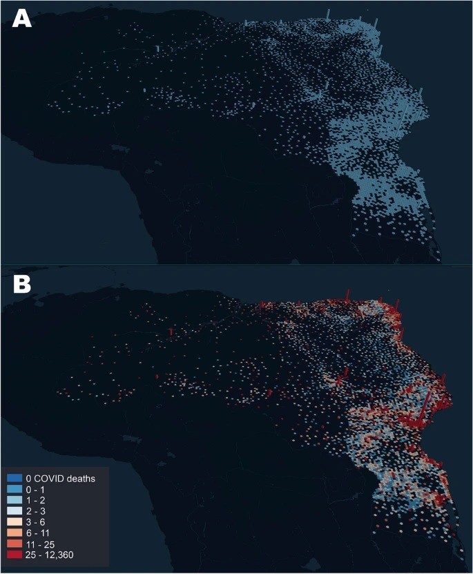 Parte superior (A) do gráfico mostra a distribuição de leitos no Brasil, no início da pandemia. Parte inferior (B) indica as mortes por Covid-19  (Foto: Nicolelis et.al/Scientific Reports)