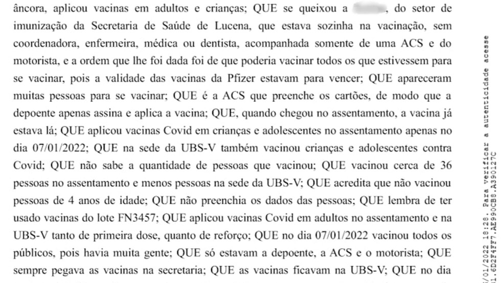 Parte do depoimento da técnica de enfermagem que vacinou crianças com doses de adulto vencidas em Lucena — Foto: Reprodução
