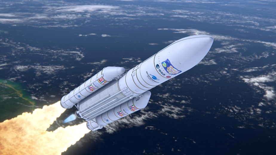 A nave Jupiter Icy Moons Explorer (Juice), da ESA, será lançada em abril de 2023 do espaçoporto europeu em Kourou, Guiana Francesa, em um foguete Ariane 5