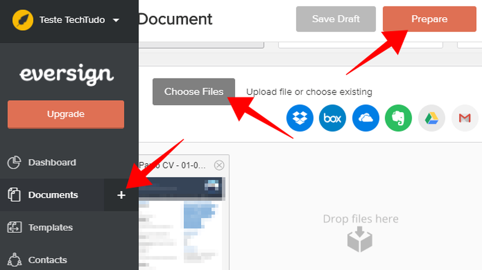 Faça o upload de documentos para assinar no Eversign (Foto: Reprodução/Paulo Alves)