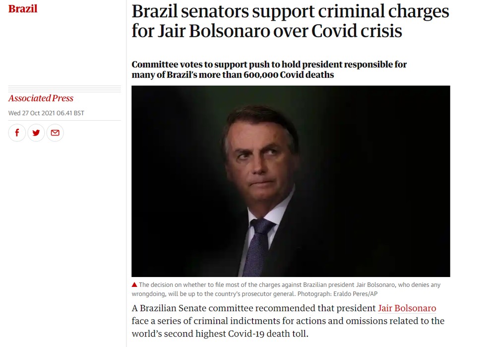 CPI da Covid: imprensa internacional destaca acusações contra Bolsonaro — Foto: Reprodução/The Guardian