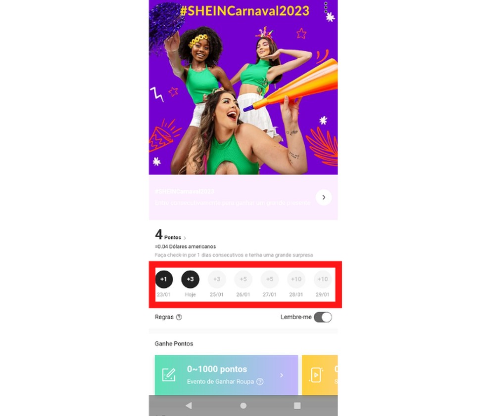 Calendário no app da Shein mostra pontos a serem recebidos nos próximos dias de check-in — Foto: Reprodução/Mariana Tralback