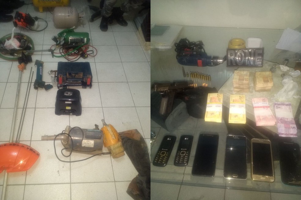 Materiais para assaltos e dinheiro com lacre de bancos foram apreendidos durante a prisão. (Foto: Divulgação/ Polícia Civil)