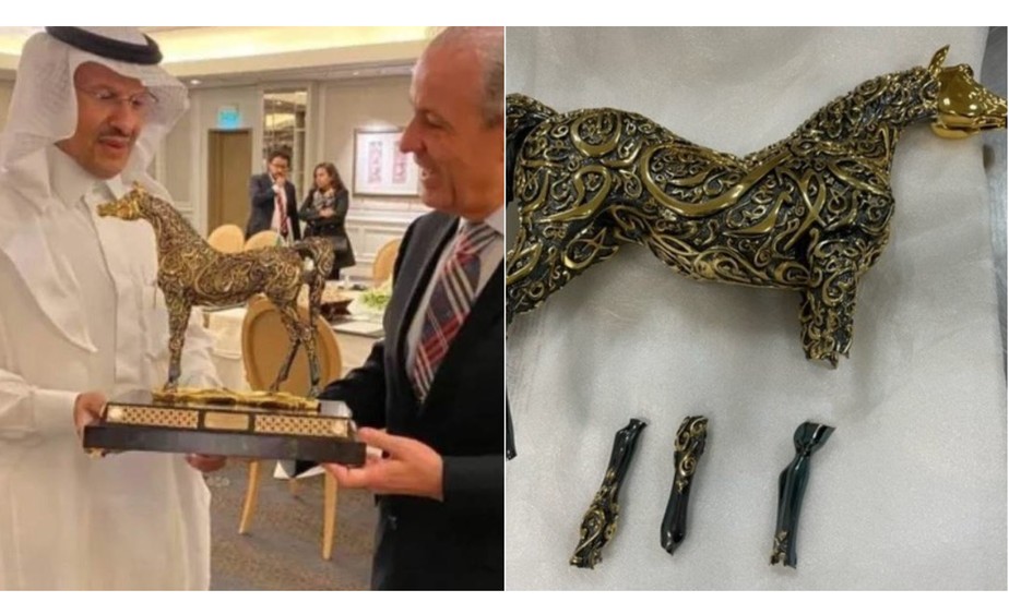 Antes e depois da escultura miniatura de cavalo dada como presente dos árabes para comitiva de Bolsonaro