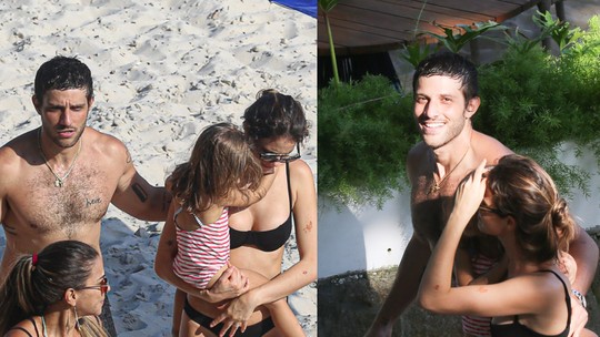 Chay Suede aproveita dia de descanso na praia com Laura Neiva e os filhos
