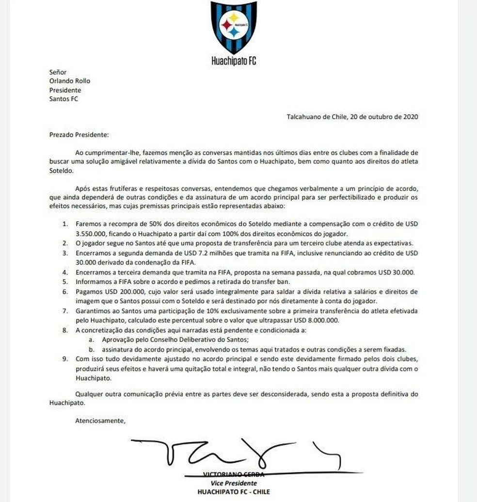 Documento do Huachipato ao Santos sobre Soteldo — Foto: Reprodução