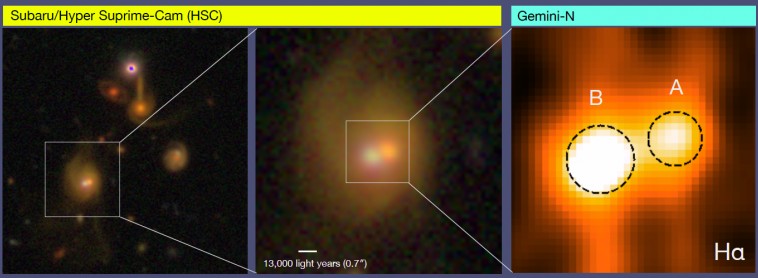 Astrônomos encontram três pares de quasares que estão prestes a se fundir. Acima: o quasar duplo SDSS J141637.44+003352.2 (Foto: Silverman et al.)