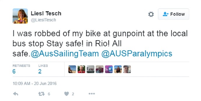 Liesl Tesch relatou o assalto no Rio em seu perfil no Twitter - vela paralímpica (Foto: Reprodução/Twitter)