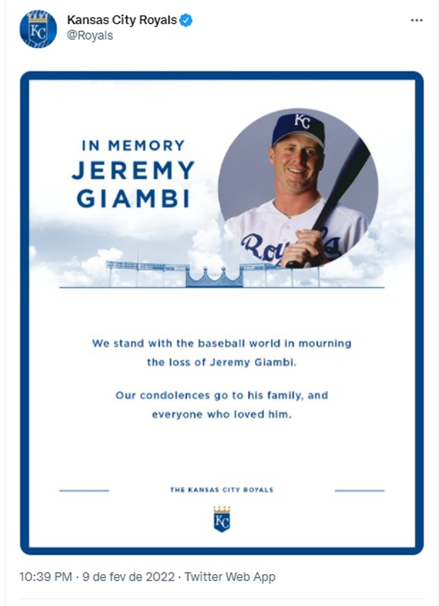 Time de beisebol Kansas City Royals lamenta morte do ex-jogador Jeremy Giambi (Foto: Reprodução/Twitter)
