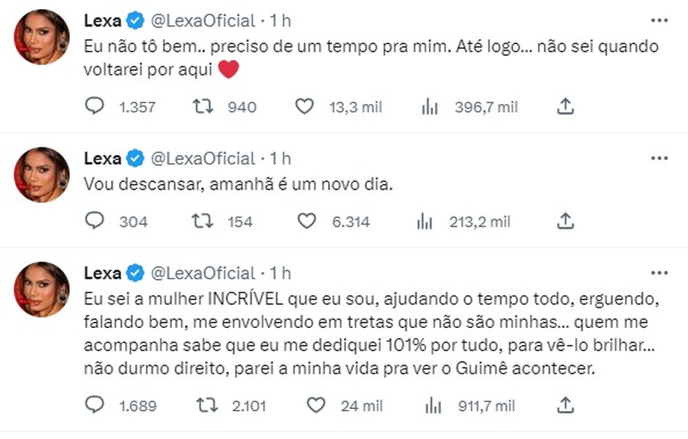 Tweet de Lexa sobre comportamento de Guim&ecirc; &mdash; Foto: Twitter/Redes Sociais