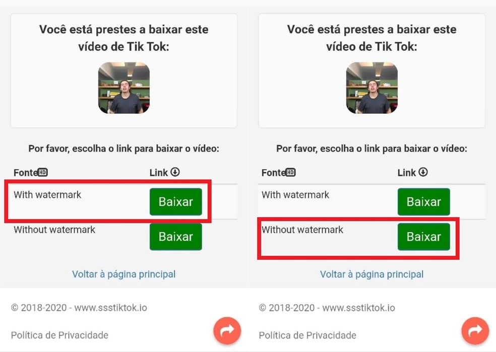 Escolha entre as opções de baixar o vídeo com ou sem a marca d'água do TikTok — Foto: Reprodução/Clara Fabro