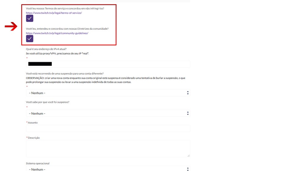 Marque as duas caixas Marque as caixas afirmando que leu os termos de serviço e concordou com as diretrizes da comunidade da Twitch — Foto: Reprodução/Leandro Eduardo