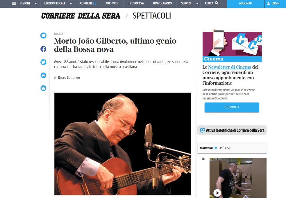 Notícia da morte de João Gilberto no 'Corriere Della Sera' — Foto: Reprodução/Corriere Della Sera