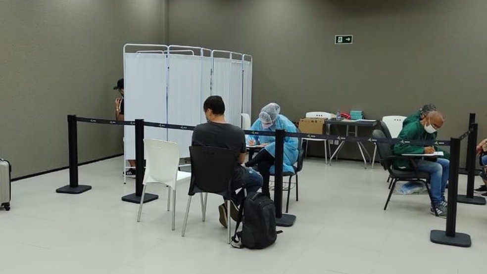 Barreira sanitária é instalada no aeroporto de Juazeiro do Norte para identificar passageiros com Covid-19. — Foto: Divulgação/Prefeitura de Juazeiro do Norte