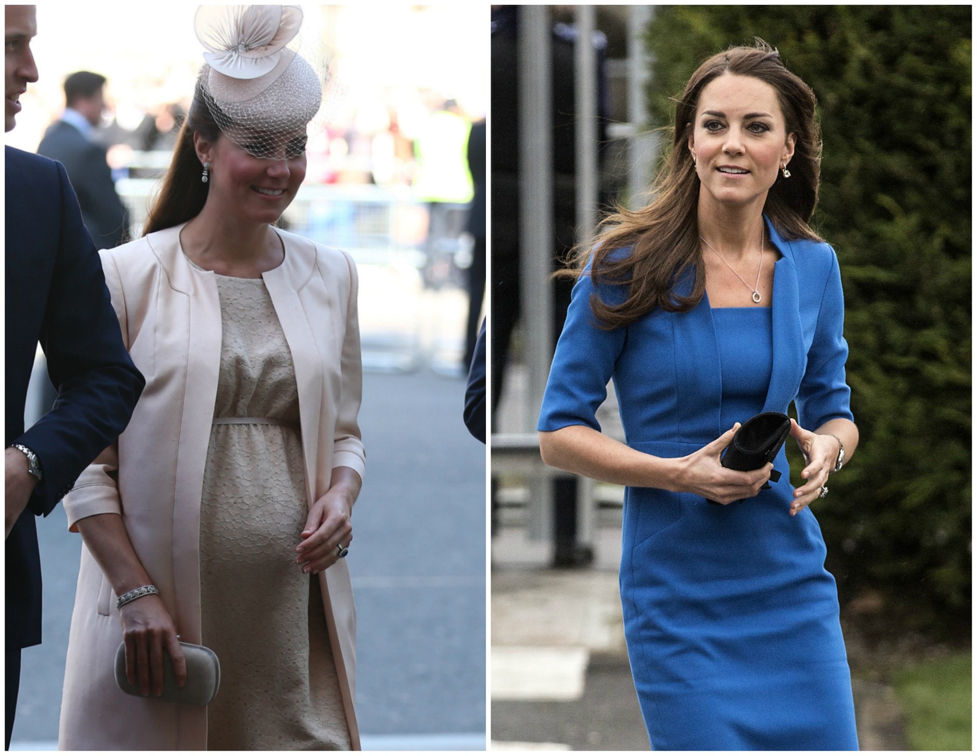Kate Middleton em junho de 2013 (à esq.) e em fevereiro de 2014. A princesa britânica se tornou mãe em 22 de julho de 2013, quando nasceu George Alexander Louis. (Foto: Getty Images)