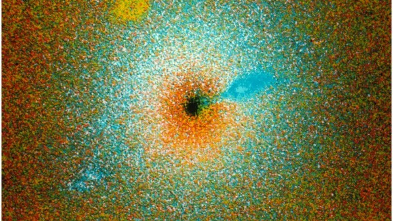 Esta imagem de cor falsa sugere que as galáxias têm um buraco negro no centro. Mas o que acontece com a matéria que é sugada para dentro deles? (Foto: Dr Jean Lorre/Science Photo Library via BBC News)