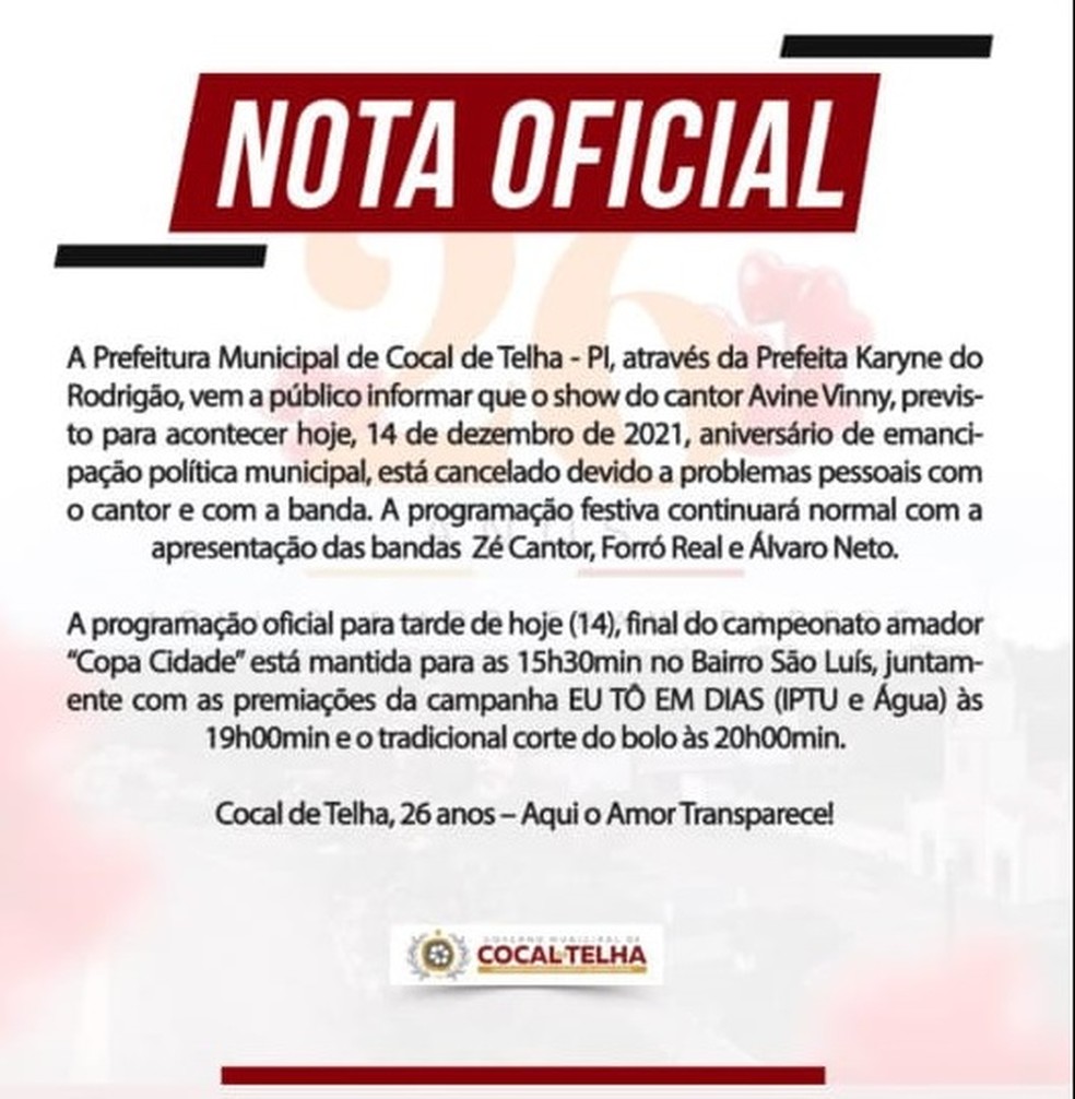 Nota Prefeitura de Cocal de Telha, no Piauí — Foto: Divulgação