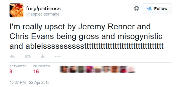 Fã repudia comentários de Jeremy Renner e Chris Evans sobre Viúva Negra (Foto: Reprodução/Twitter)