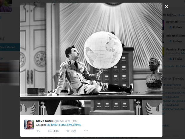 Steve Carell postou foto de Charlie Chaplin interpretando sua paródia sobre Adolf Hitler, 'O grande ditador' (Foto: Reprodução/Twitter)