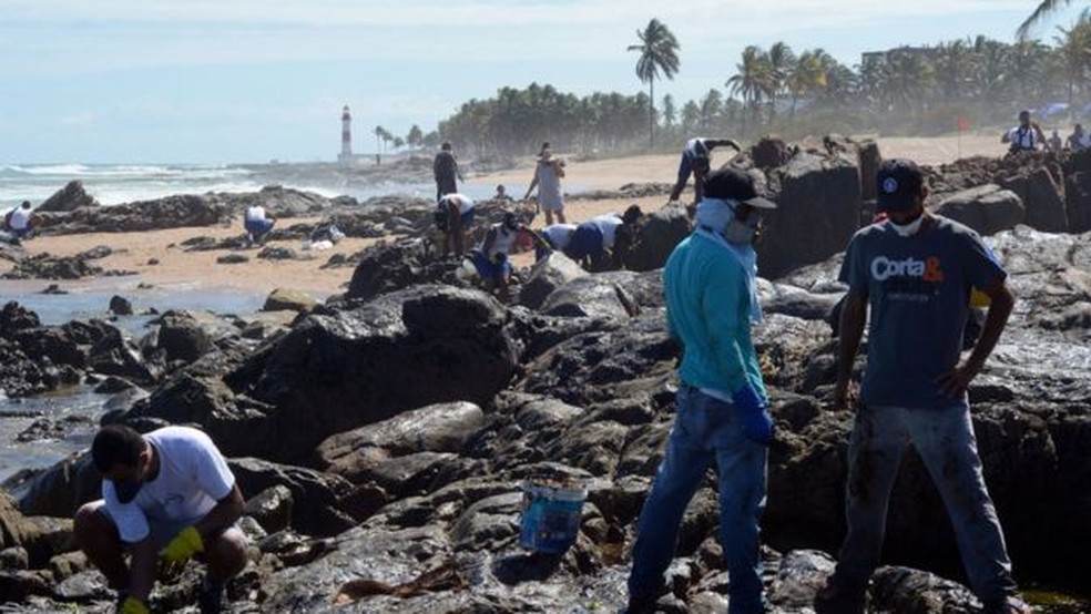 Com Farol de Itapuã ao fundo, voluntários trabalham na limpeza do óleo em Salvador — Foto: Victor Uchôa/BBC