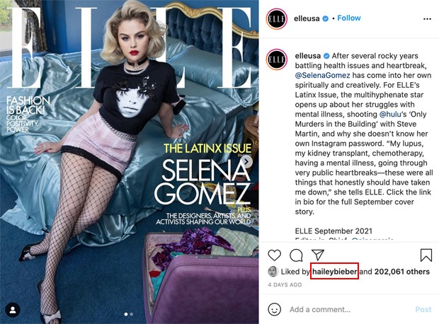 Hailey Bieber mostrou seu apoio para a ex de Justin, Selena Gomez, na nova capa da revista Elle (Foto: Reprodução / Instagram)