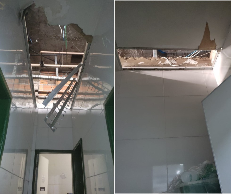 Parte do forro do Hospital de Urgência de Teresina cai após vazamento em encanamento — Foto: Reprodução