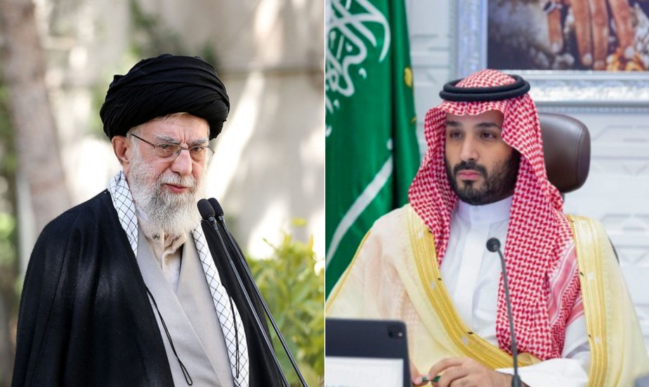 Aiatolá Ali Khamenei, líder supremo do Irã, durante cerimônia em Teerã, e Mohammed Bin Salman, príncipe herdeiro saudita, durante reunião virtual do G20