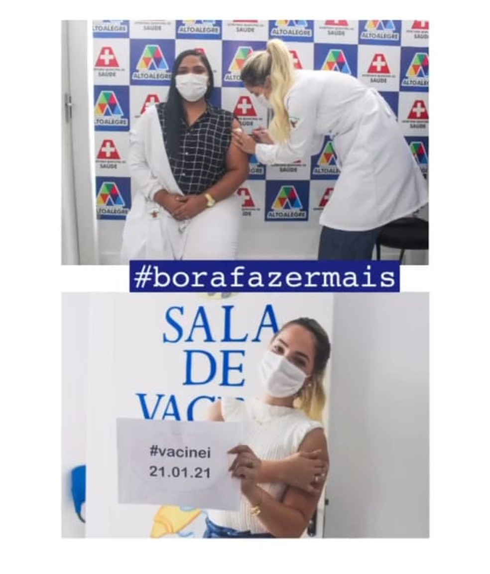 Danyele Negreiro exibe plaquinha após ser vacinada em Alto Alegre, cidade no interior de Roraima onde namorado em prefeito  — Foto: Reprodução/Instagram/Machado_pedro