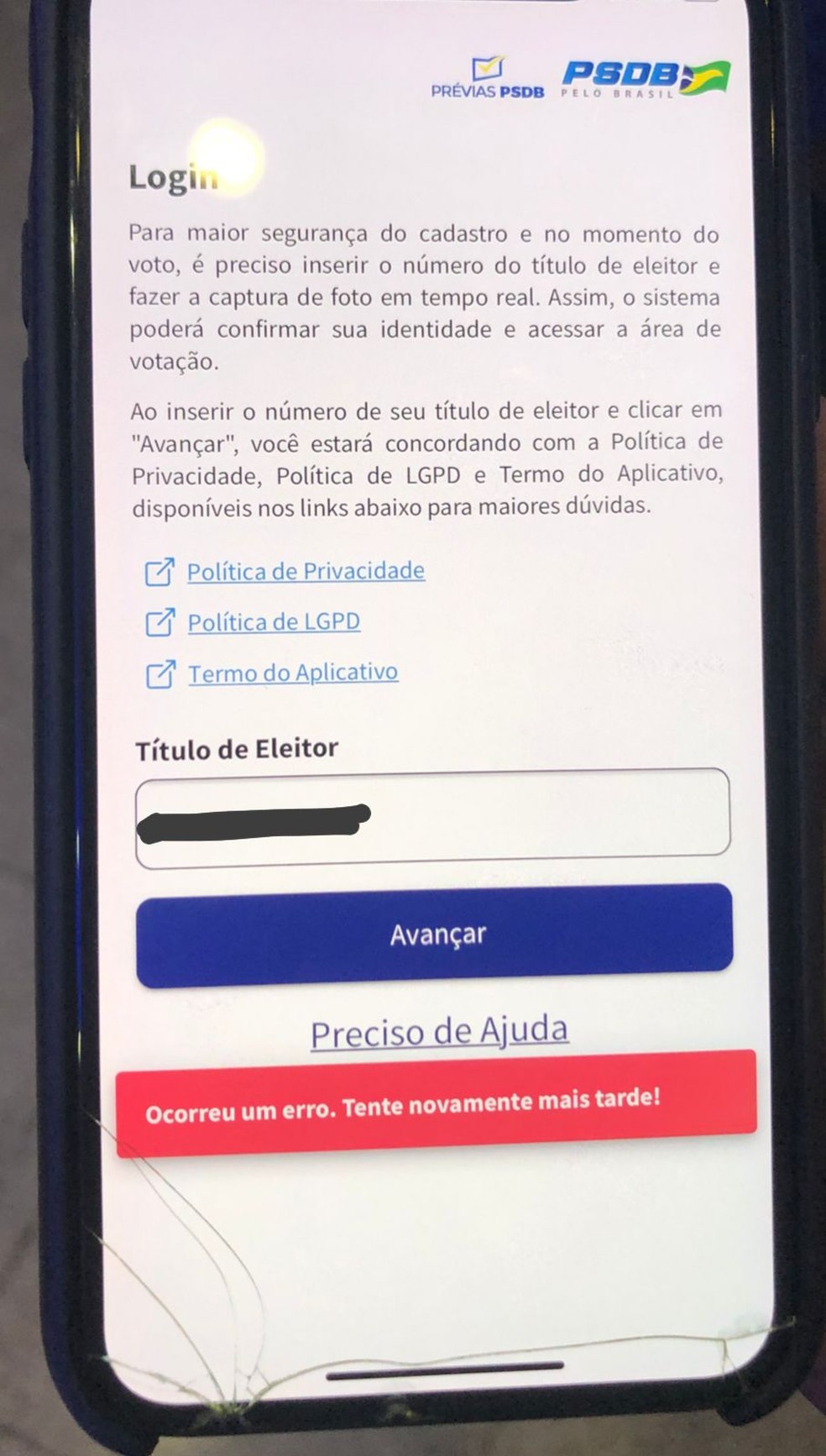 Instabilidade em aplicativo de votação das prévias do PSDB — Foto: Reprodução