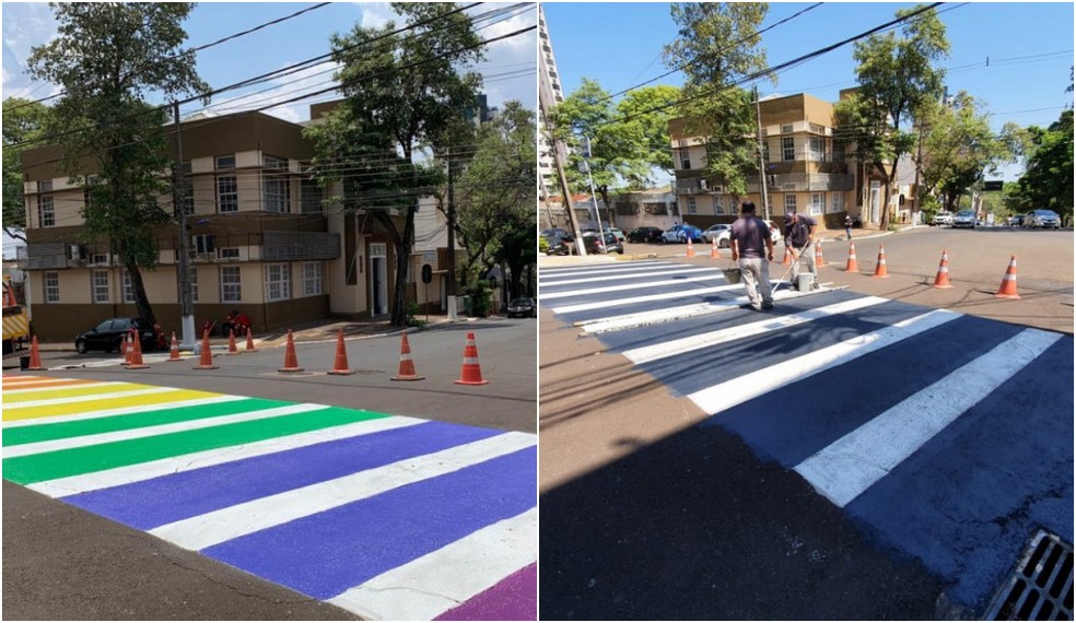 Prefeitura de Foz do Iguaçu retira faixa de pedestres com cores da bandeira LGBTQIA+ após recomendação do MP para remover 'pintura extravagante' — Foto: Reprodução
