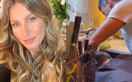 Gisele Bündchen lava cabelo em pia de cozinha com ajuda de hair stylist