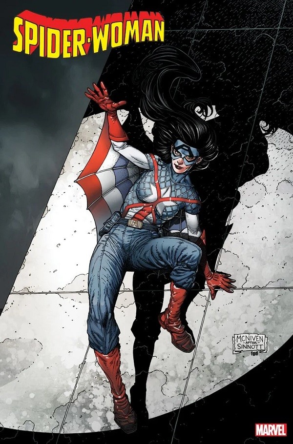 A capa de Mulher-Aranha com a personagem com uniforme inspirado na vestimenta do Capitão América em homenagem aos 80 anos do líder dos Vingadores (Foto: Divulgação)