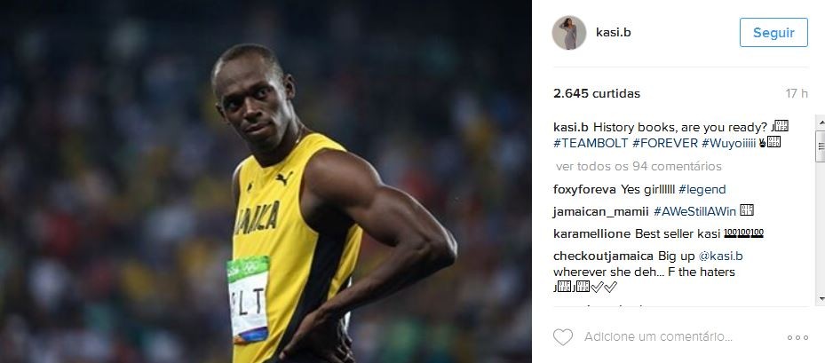 "Livros de história, vocês estão prontos?", comemorou Kasi após Bolt vencer seu segundo ouro (pelos 200m rasos) na Olimpíada do Rio 2016 (Foto: Instagram/Reprodução)