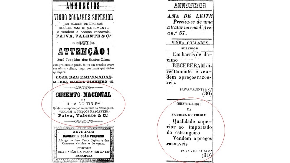 Anúncios do cimento de Tiriri em jornais paraibanos de 1892 — Foto: Reprodução/Estado do Parahyba e O Parahybano